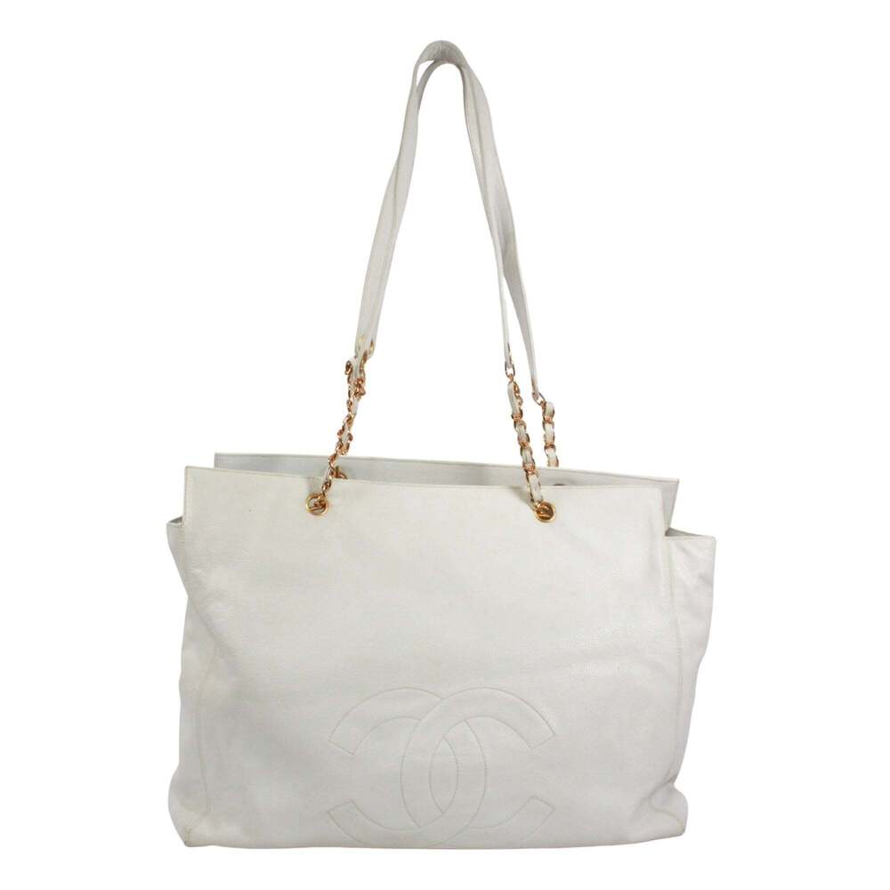 CHANEL White Caviar Leather Logo Tote Bag - Picture 1 of 16